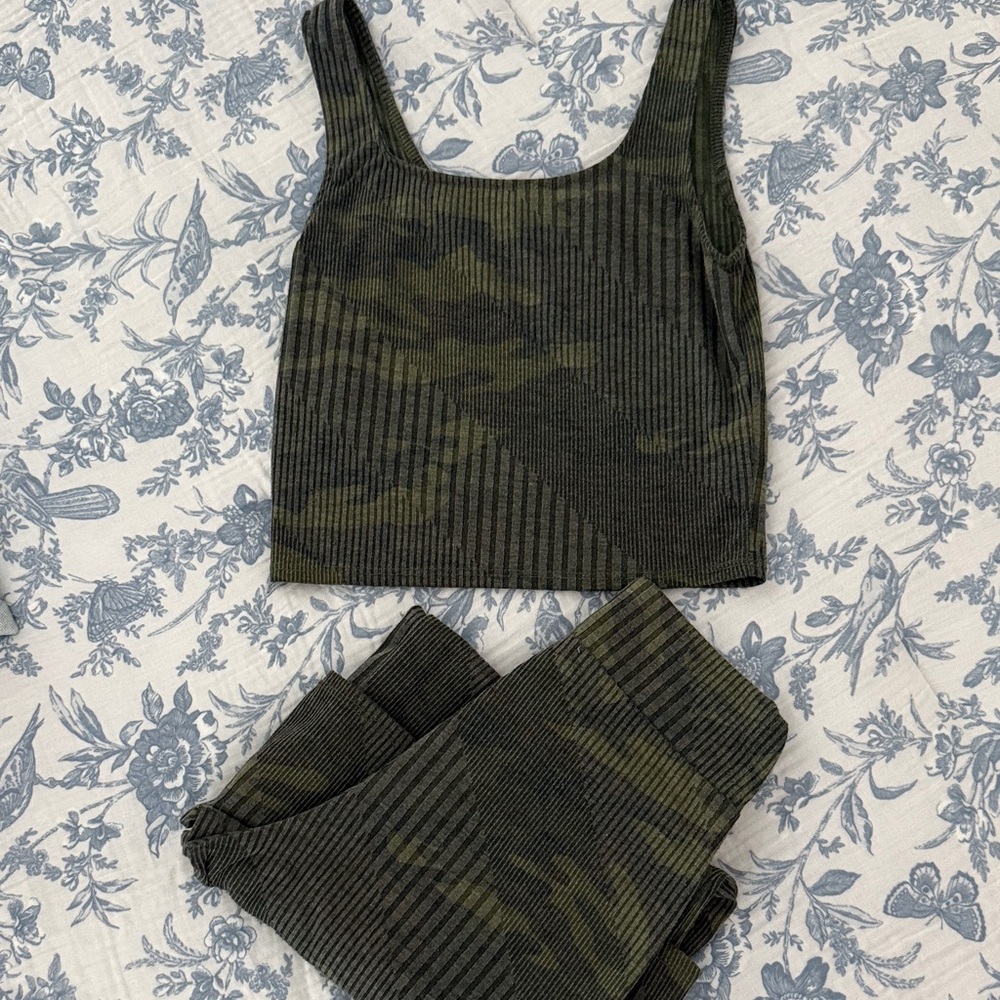 Green Camouflage Ribbed Tank and Lounge Pants Set